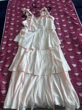 Tiered Light Pink Midi Dress with Shoulder Ties